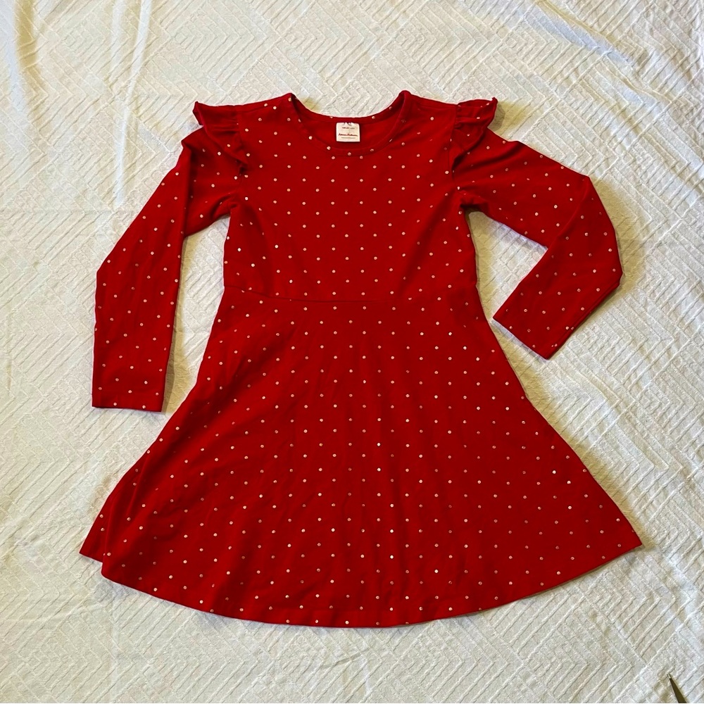 Hanna Andersson Christmas Red Dress Long Sleeve Sz 130cm US 8 Gold Polka Dots